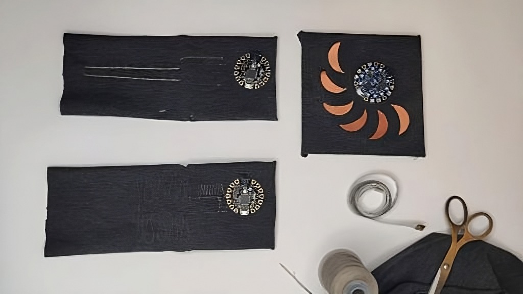 Fabric sensor pieces laid out with thread, scissors, and electronics
