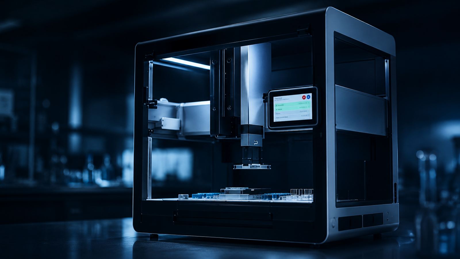 Automated laboratory instrument operating above sample trays in a dark laboratory